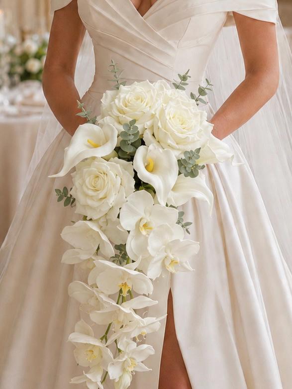 Cascading White Orchid Calla Lily Wedding Bouquet Faux Rose Bridal Flowers