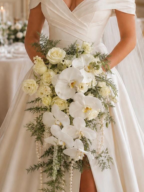 Cascading White Orchid Rose Wedding Bouquet Pearls white and green