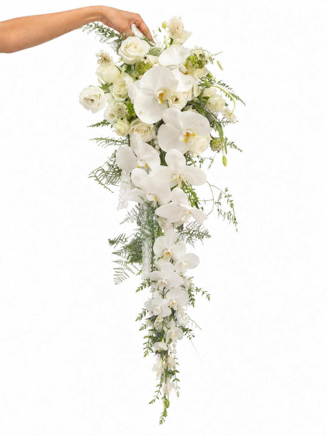 Cascading White Orchid Rose Wedding Bouquet Pearls white and green