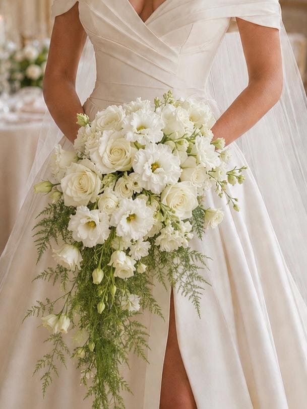 Cascading White Peony Rose Wedding Bouquet with Orchids and Greenery