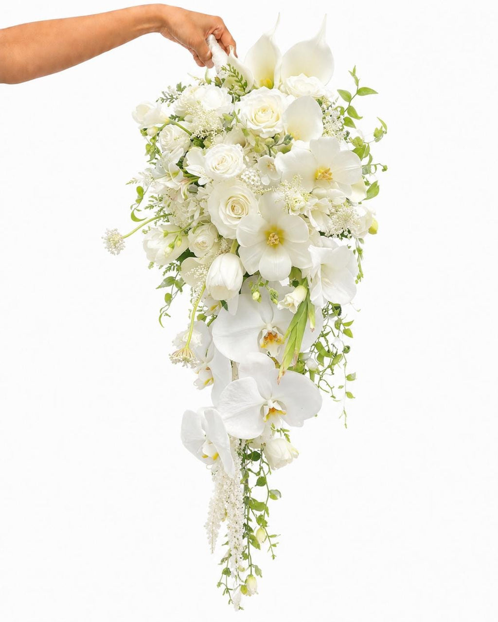 Cascading White Peony Rose Wedding Bouquet with Orchids and Greenery