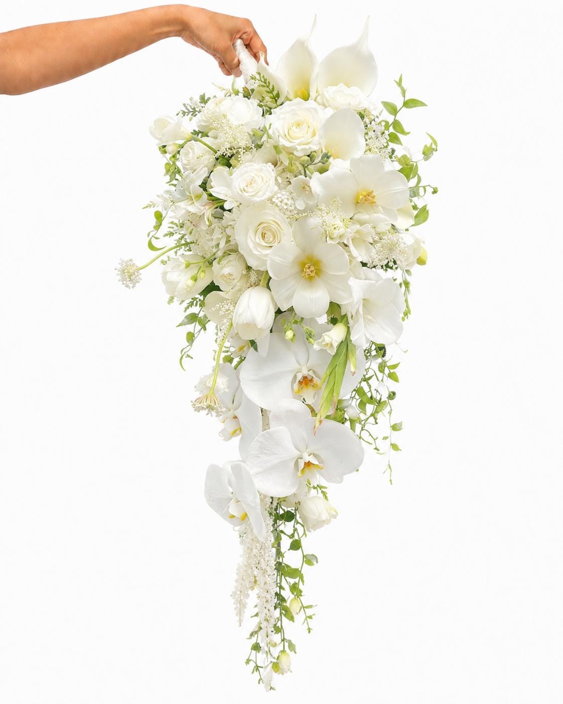 Cascading White Peony Rose Wedding Bouquet with Orchids and Greenery