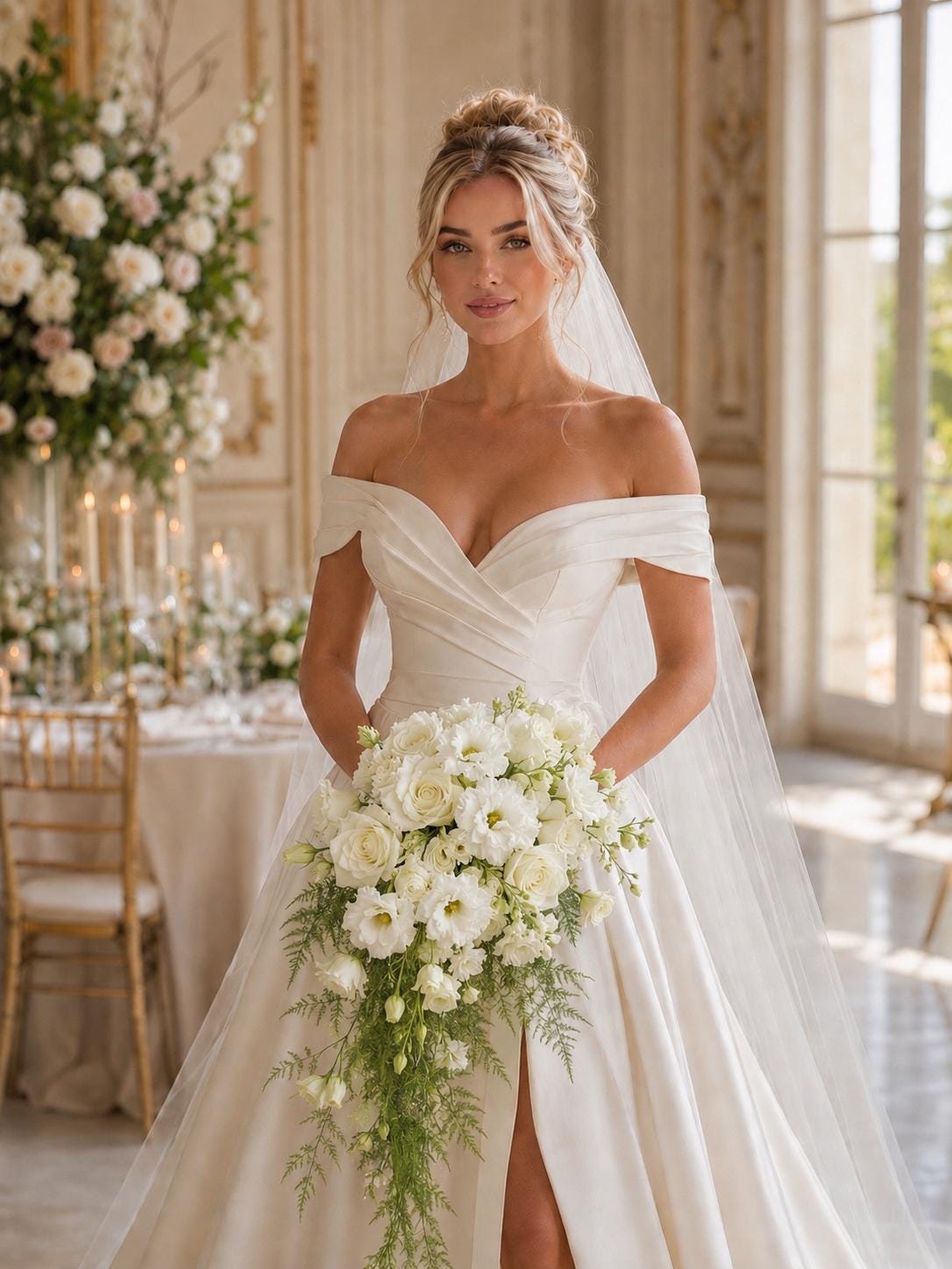 Cascading White Peony Rose Wedding Bouquet with Orchids and Greenery