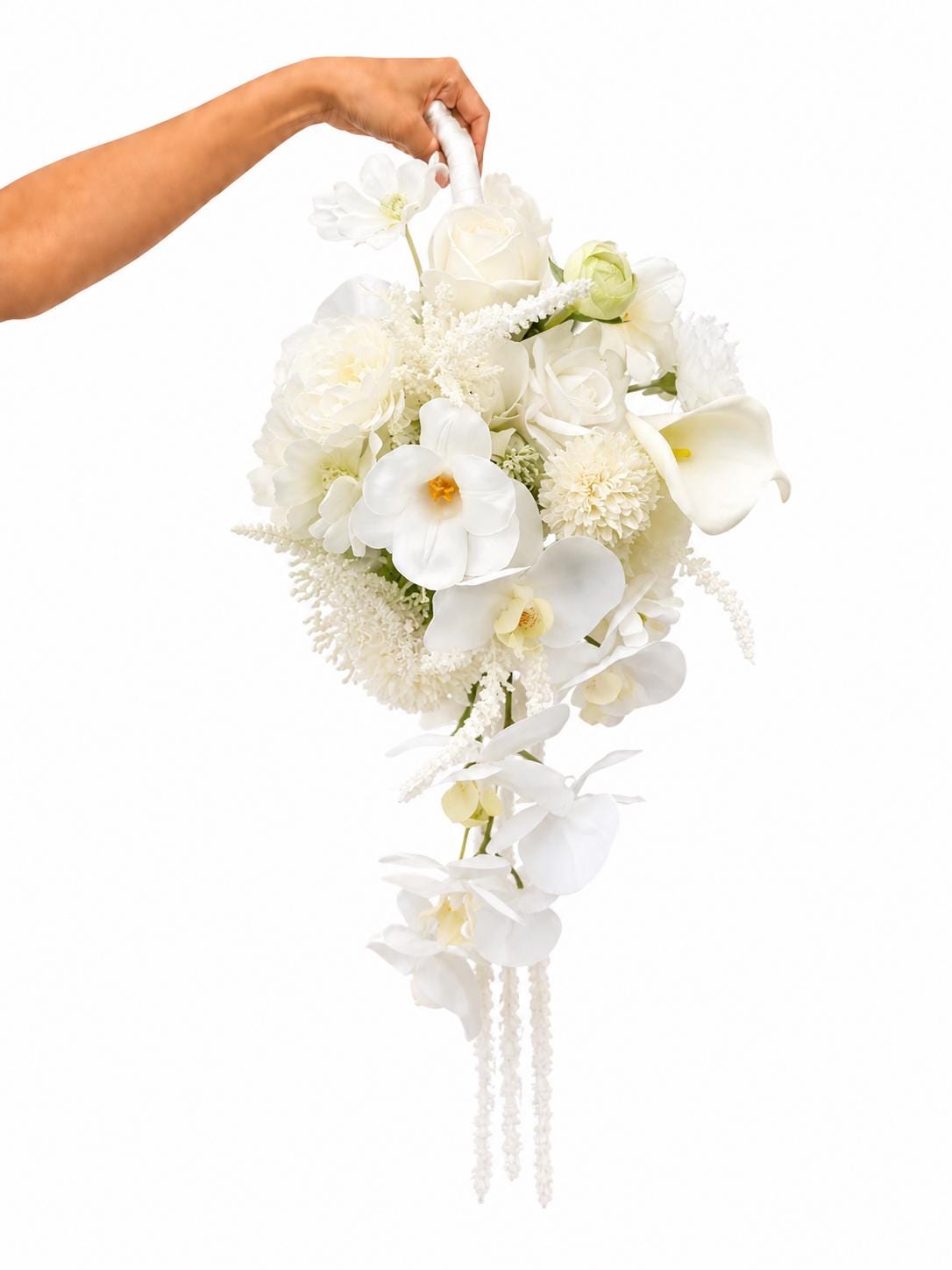 White Orchid Wedding Bouquet, Cascading Faux Bridal Bouquet with Calla Lilies and Pearls