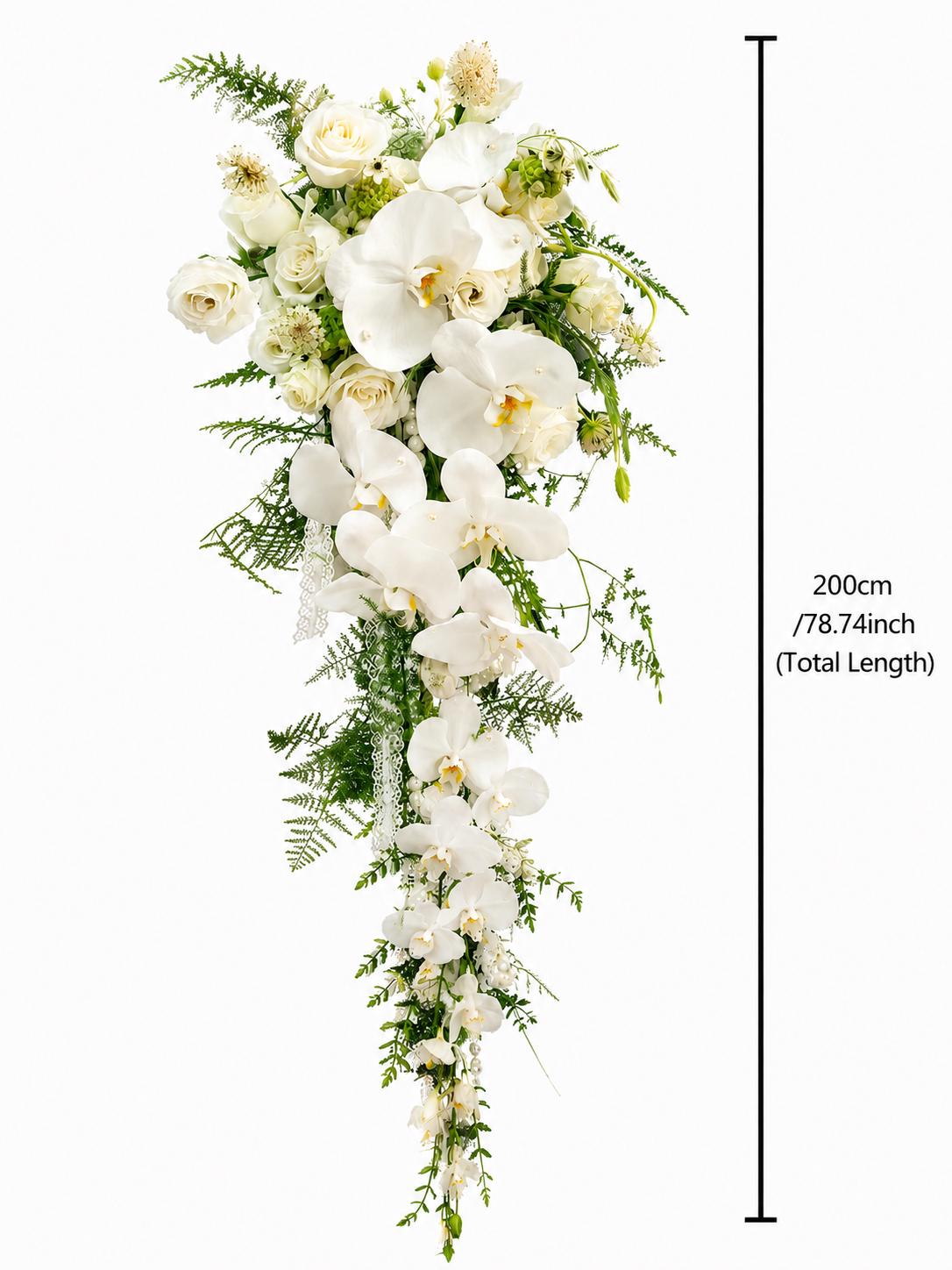 Cascading White Orchid Rose Wedding Bouquet Pearls white and green