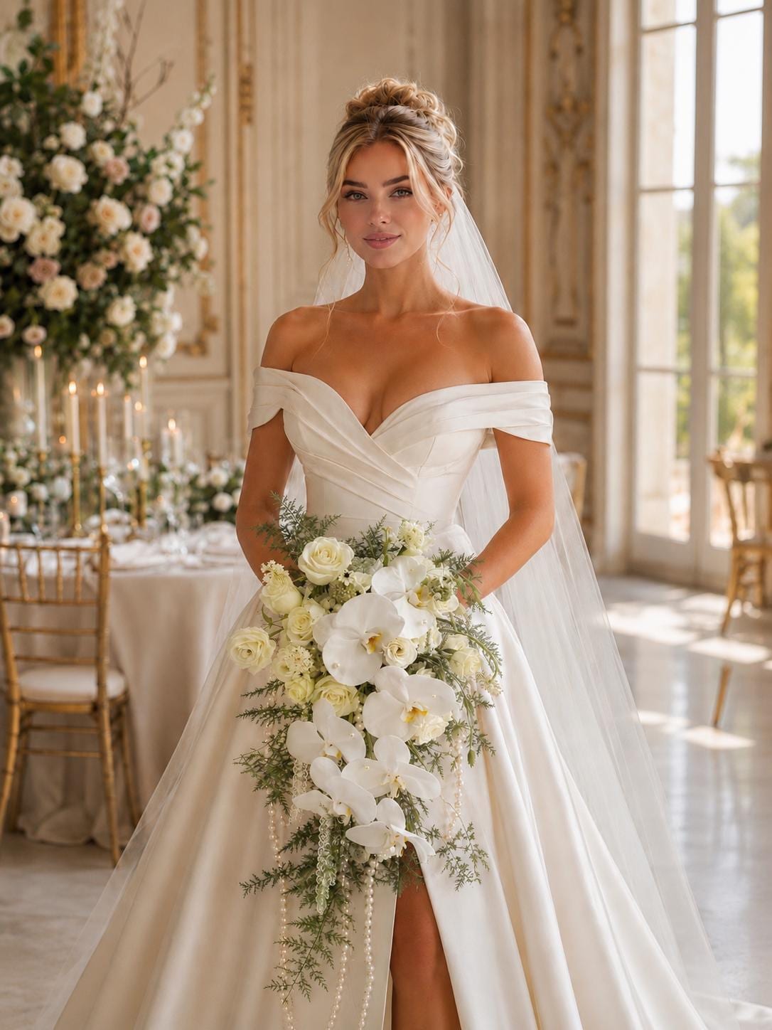 Cascading White Orchid Rose Wedding Bouquet Pearls white and green