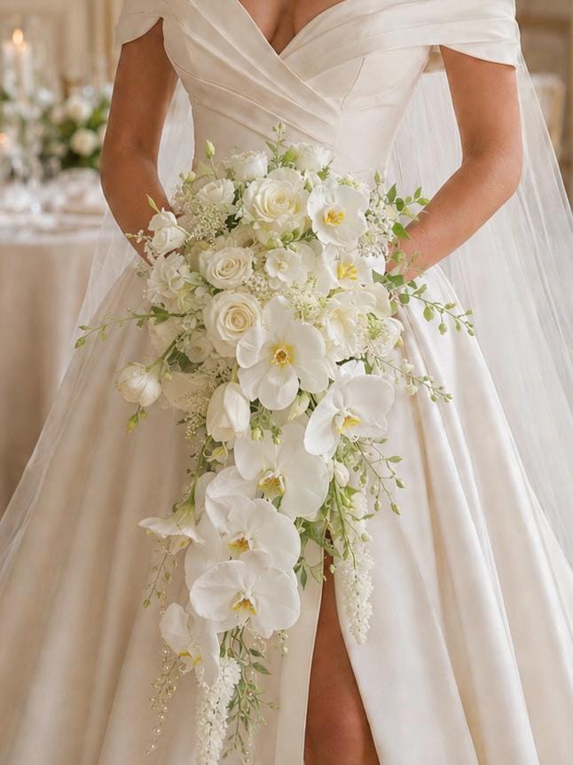 White Orchid Cascading Wedding Bouquet with Roses, Faux Bridal Flowers and Greenery