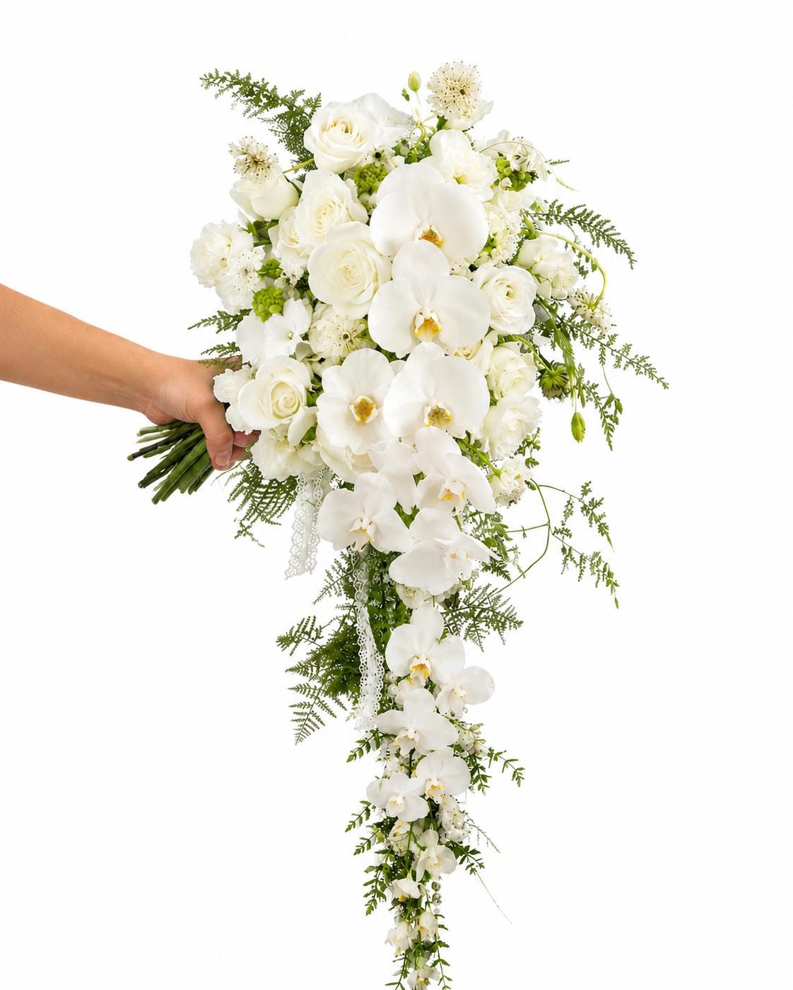 White Orchid Cascading Wedding Bouquet with Roses, Faux Bridal Flowers and Greenery