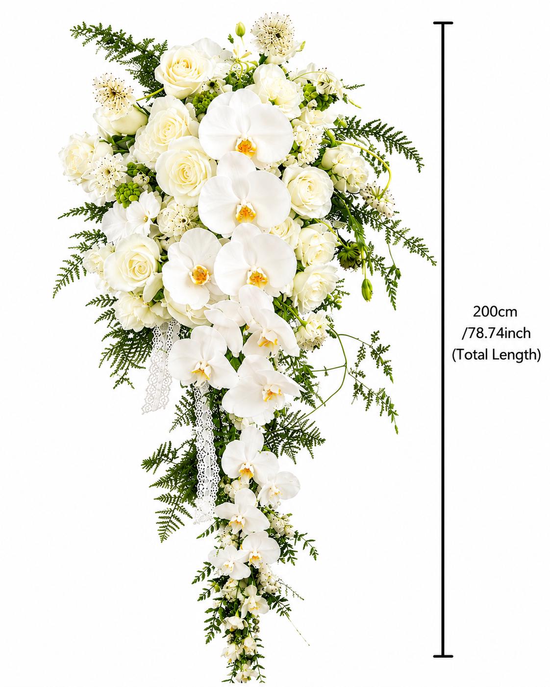 White Orchid Cascading Wedding Bouquet with Roses, Faux Bridal Flowers and Greenery