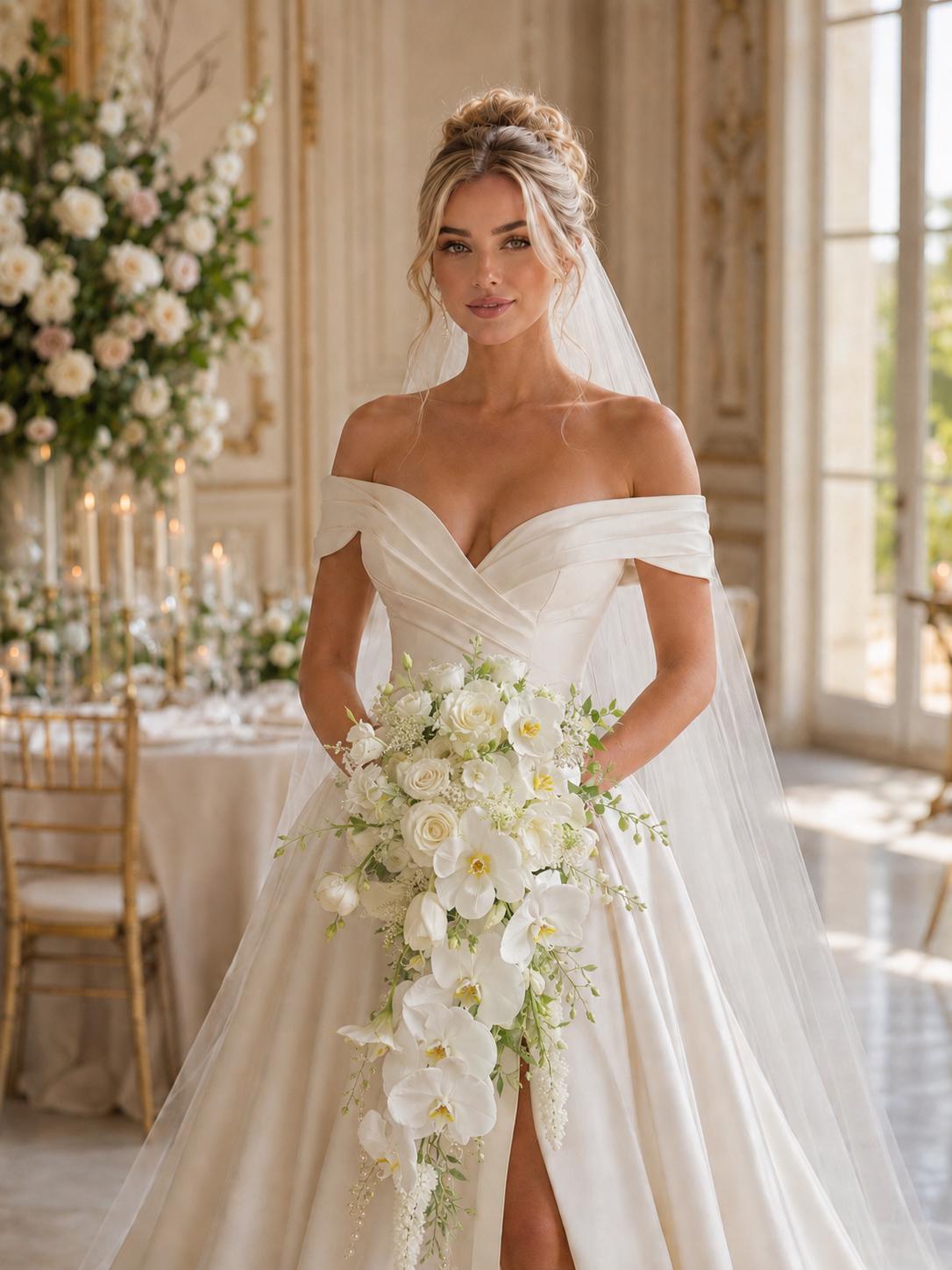 White Orchid Cascading Wedding Bouquet with Roses, Faux Bridal Flowers and Greenery