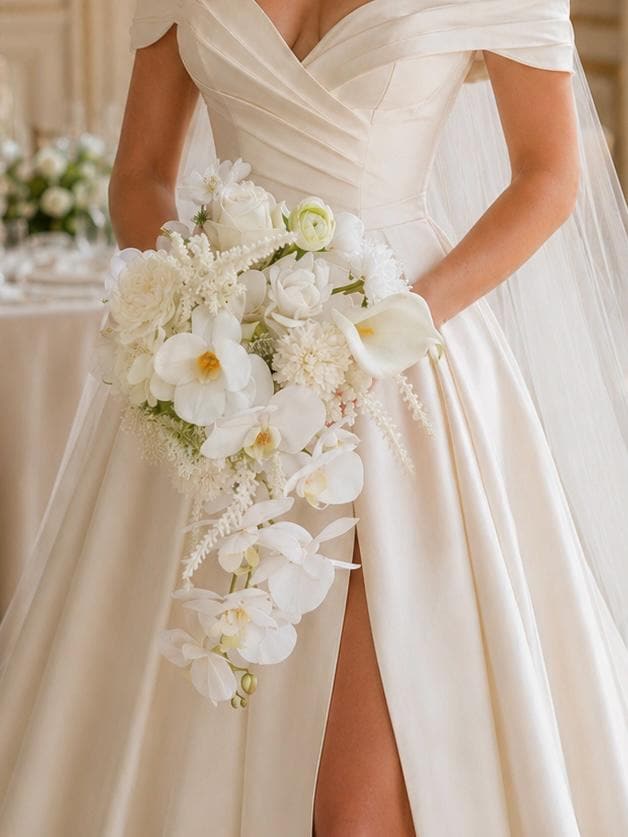 White Orchid Wedding Bouquet, Cascading Faux Bridal Bouquet with Calla Lilies and Pearls