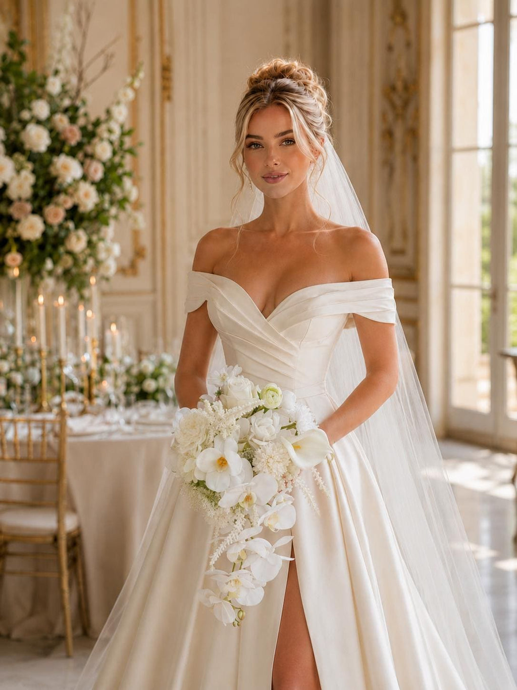 White Orchid Wedding Bouquet, Cascading Faux Bridal Bouquet with Calla Lilies and Pearls