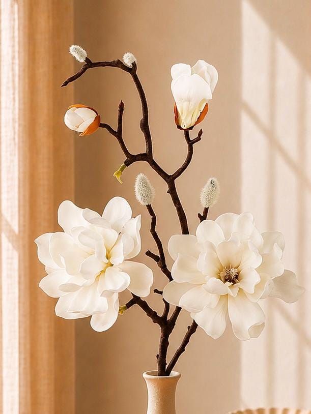 Artificial Magnolia Branches with Buds, Pink and White Silk Flowers