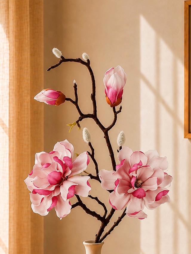 Artificial Magnolia Branches with Buds, Pink and White Silk Flowers