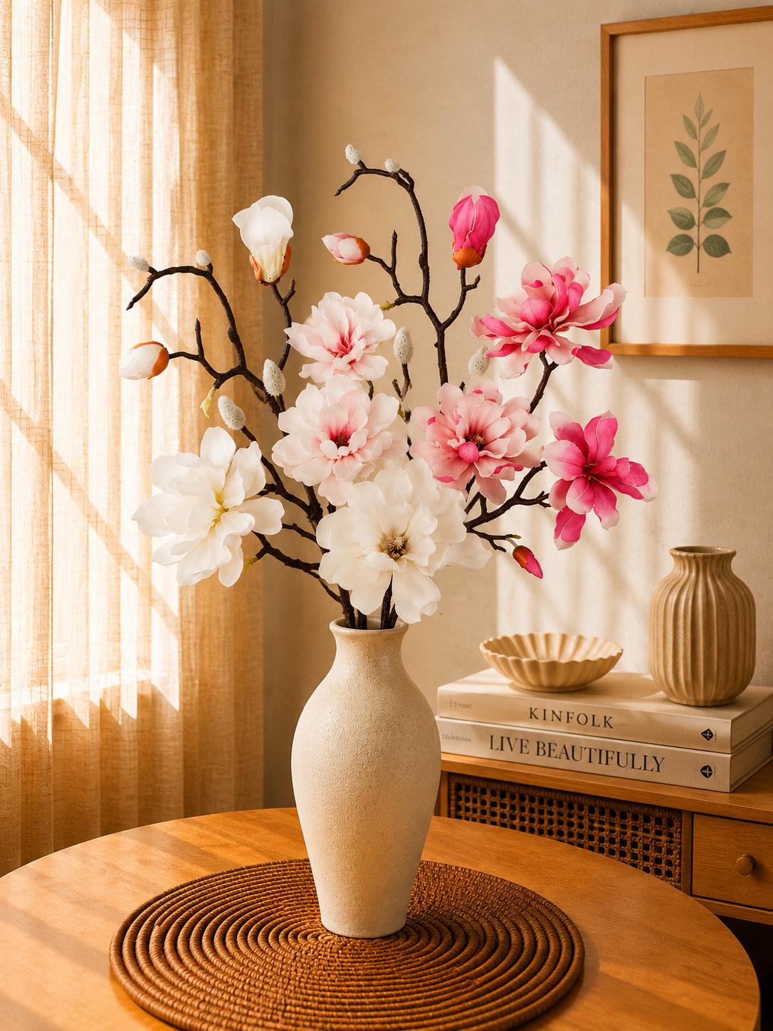 Artificial Magnolia Branches with Buds, Pink and White Silk Flowers