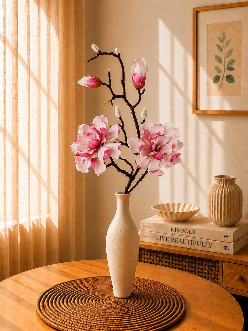 Artificial Magnolia Branches with Buds, Pink and White Silk Flowers