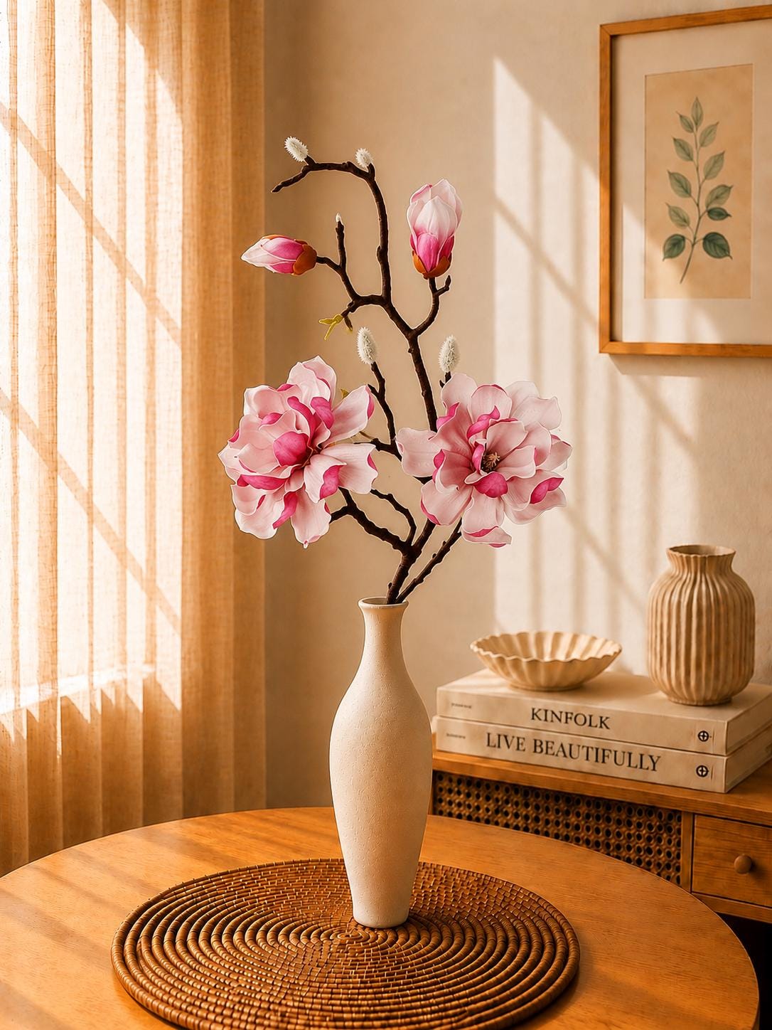 Artificial Magnolia Branches with Buds, Pink and White Silk Flowers
