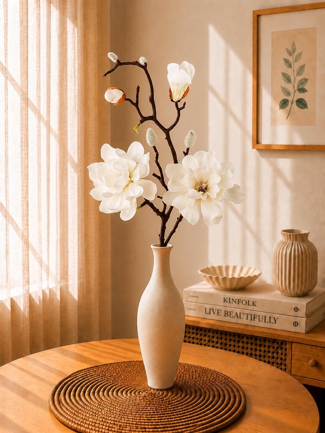 Artificial Magnolia Branches with Buds, Pink and White Silk Flowers