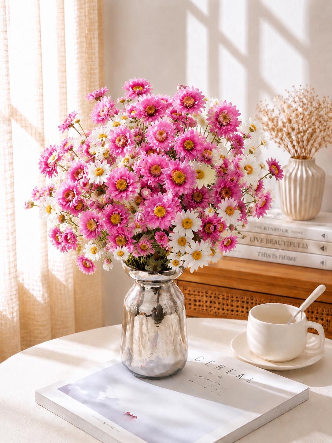 Pink White Dried Daisy Bouquet, Natural Flowers for Vase Decor, Wedding Styling, Home Arrangements
