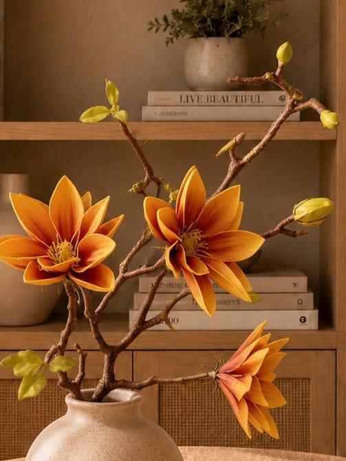 Artificial Magnolia Flower Branch, Realistic Statement Blooms, 72cm Plastic Floral Décor