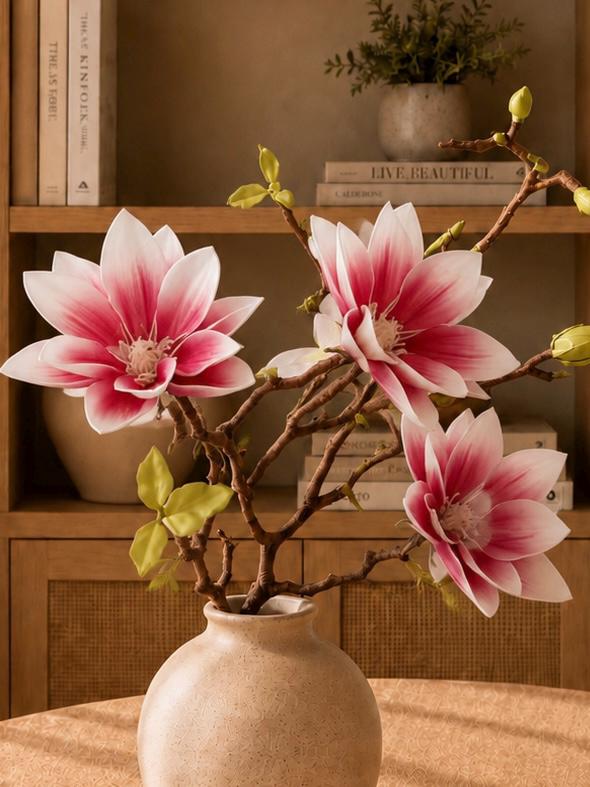 Artificial Magnolia Flower Branch, Realistic Statement Blooms, 72cm Plastic Floral Décor
